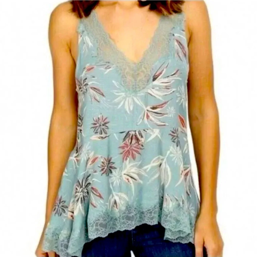 Free People Tank Top Intimately Size XS Bellflower Green Floral Lace Boho
